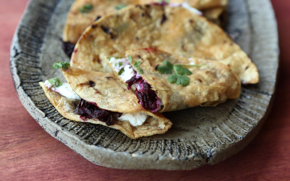 Hibiscus and goat cheese tacos