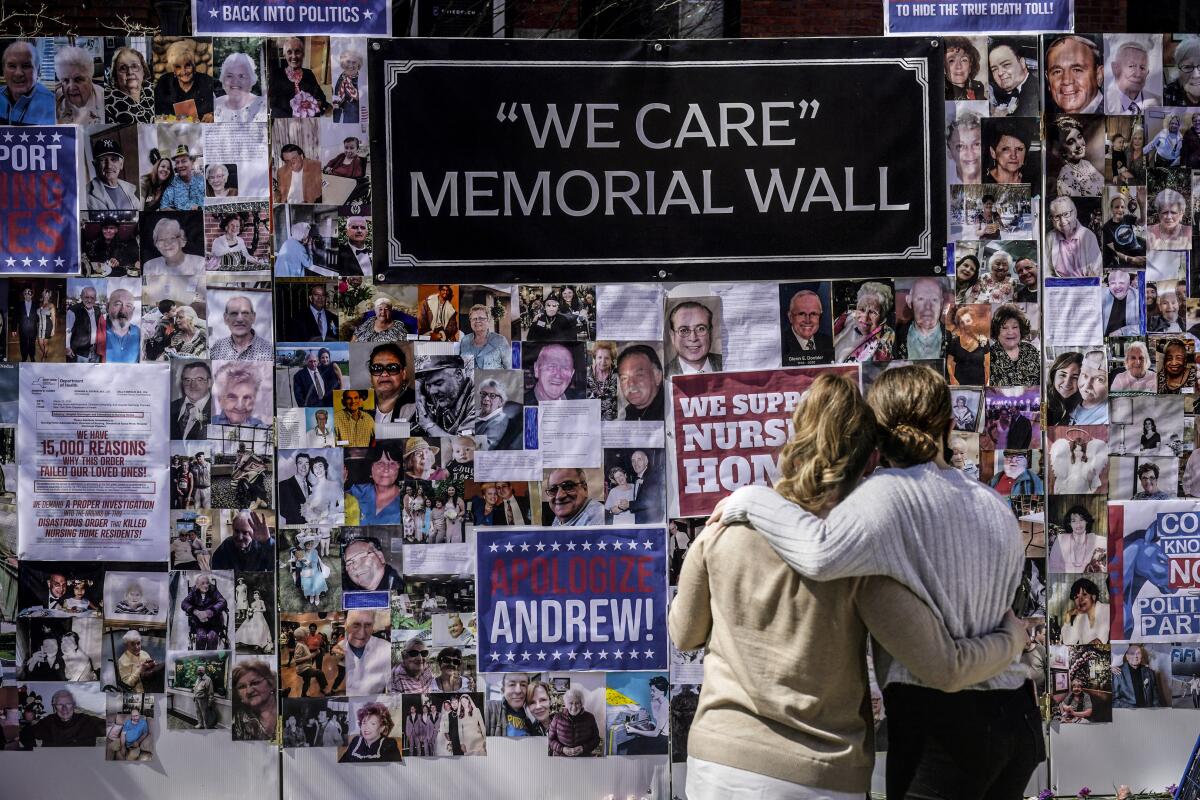 A protest-memorial wall for nursing home residents who died from COVID-19 in New York.