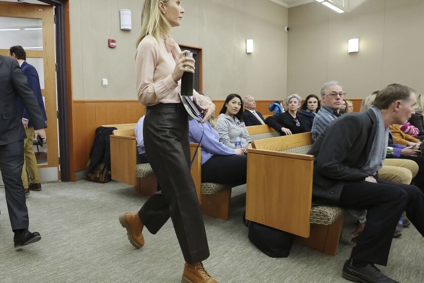 Gwyneth Paltrow enters the courtroom for her trial, Tuesday, March 28, 2023, in Park City, Utah. Paltrow is accused in a lawsuit of crashing into a skier during a 2016 family ski vacation, leaving him with brain damage and four broken ribs. (Jeffrey D. Allred/The Deseret News via AP, Pool)