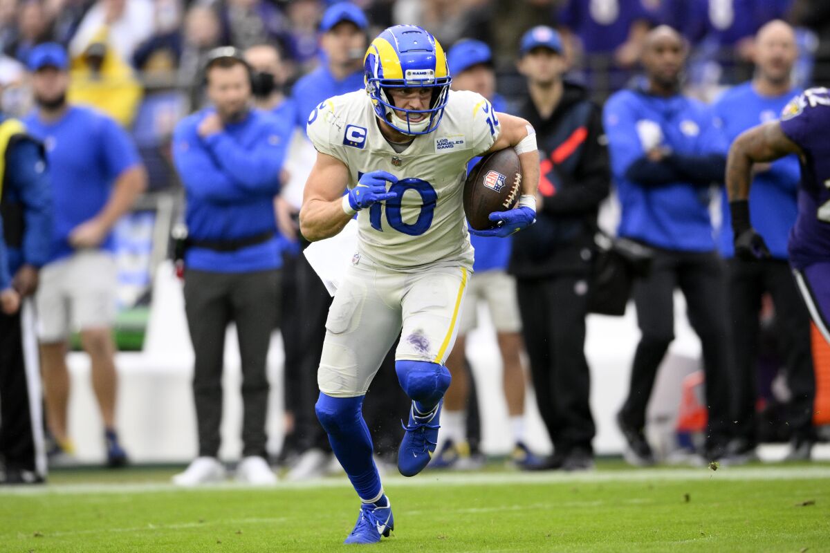Rams wide receiver Cooper Kupp runs with the ball during a win over the Baltimore Ravens on Jan. 2.