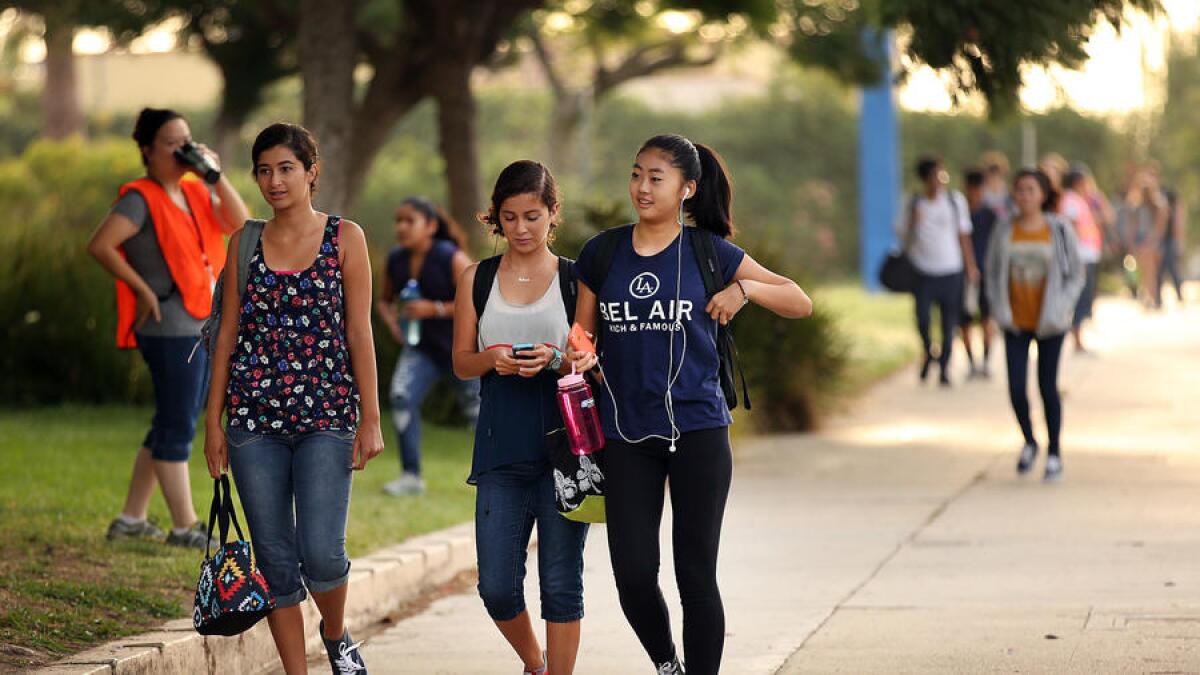 Students arrive for classes at the Los Angeles Center for Enriched Studies in 2015.