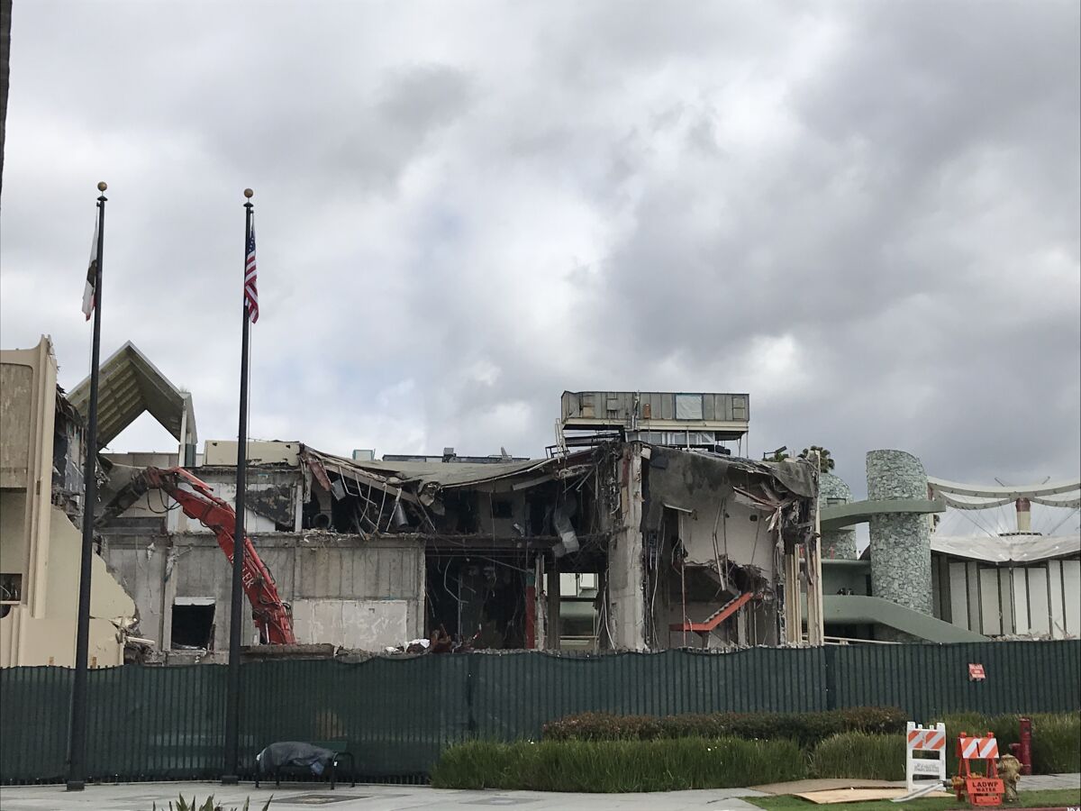 What remained of LACMA's Bing Theater on Monday morning. The museum is demolishing four older buildings to make way for a new structure by Peter Zumthor.
