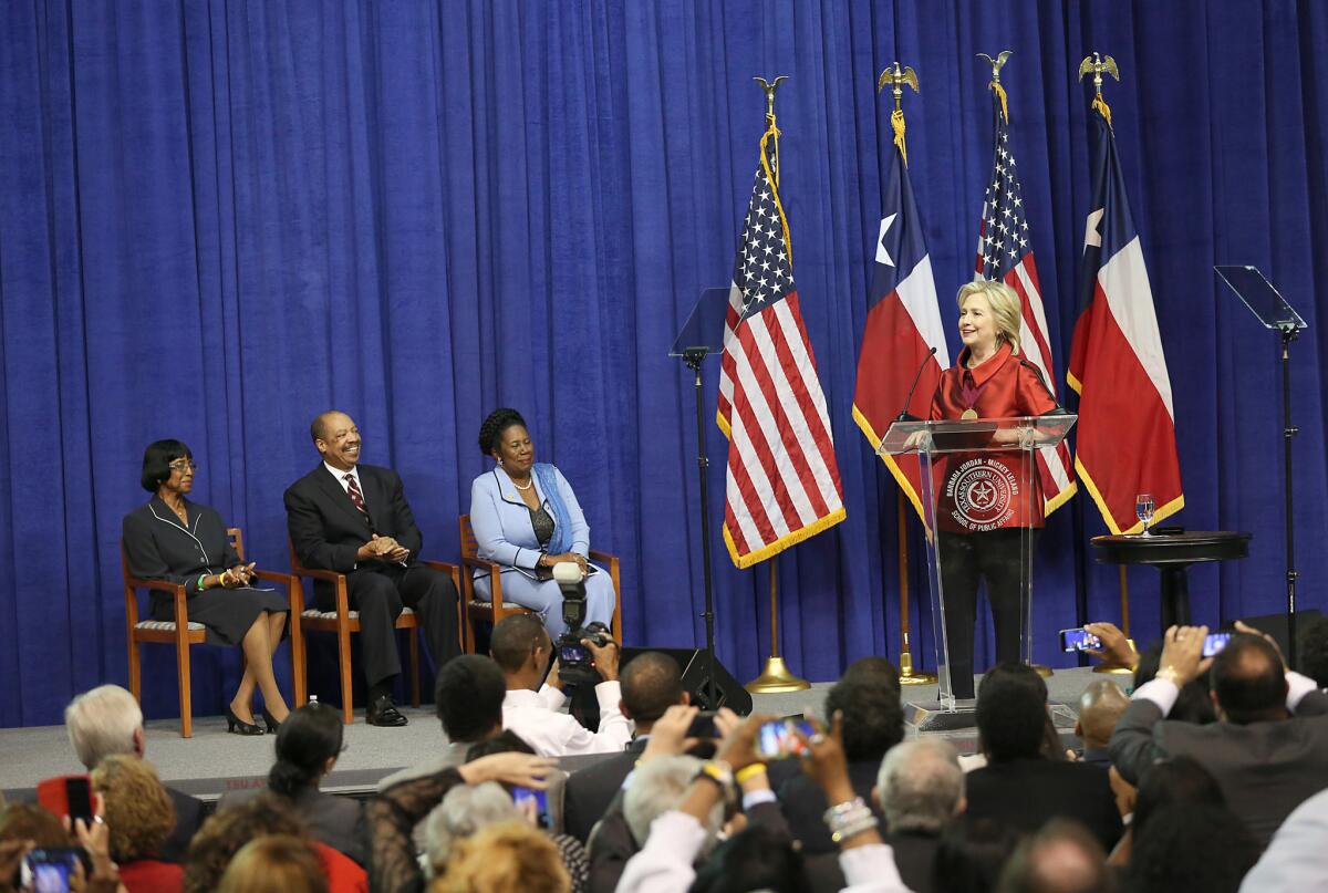 Hillary Clinton speaks at the Inaugural Barbara Jordan Gold Medallion Awards at Texas Southern University in Houston on June 4.