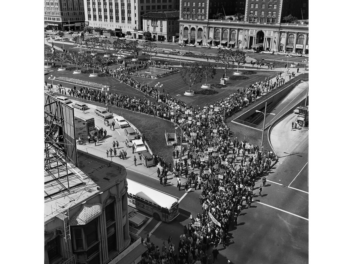 March 13, 1965: Civil rights marchers leave Pershing Square in Los Angeles enroute to the Federal Building.