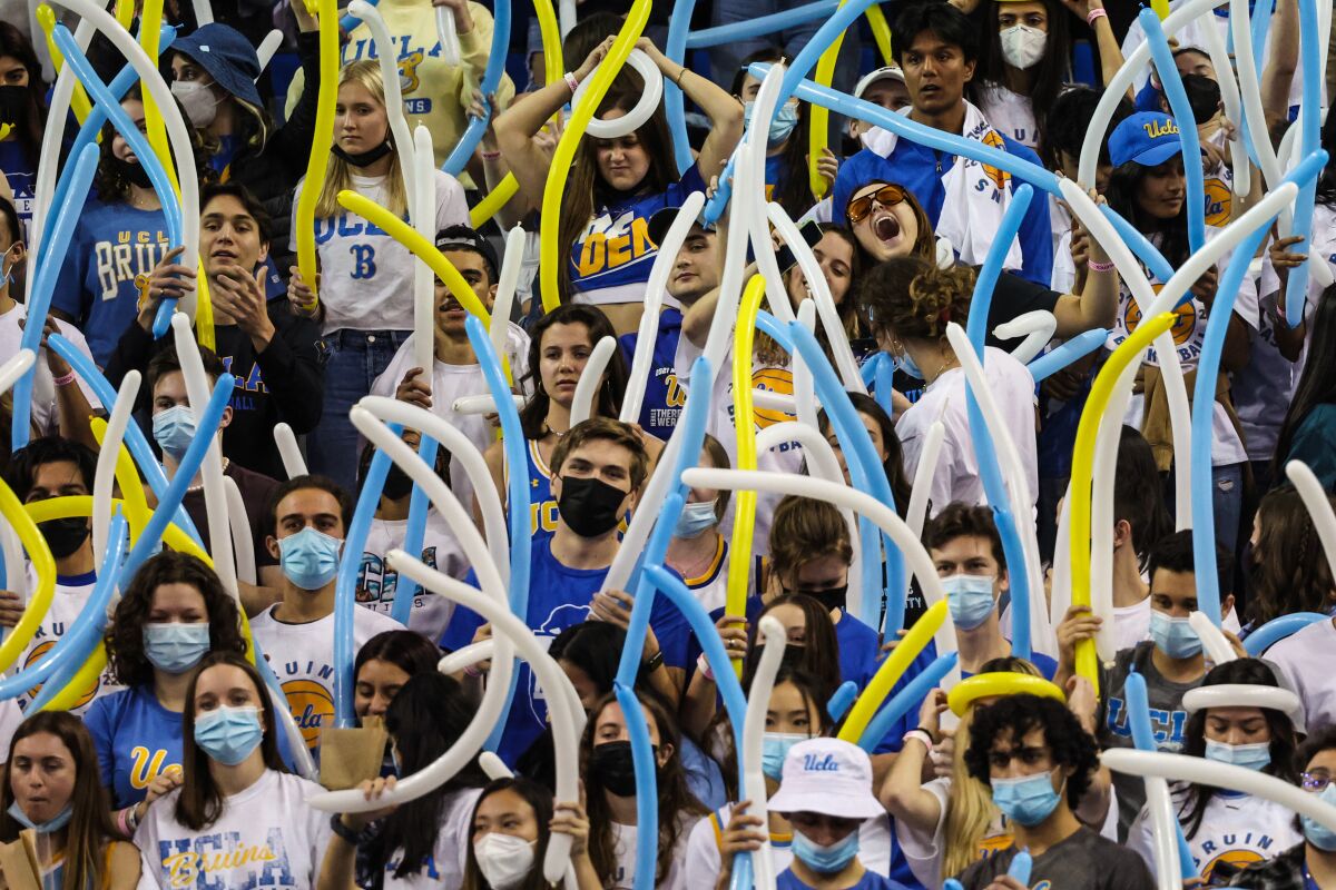 UCLA student section during a game last year against Washington. The Bruins have won 21 straight games at Pauley Pavilion.