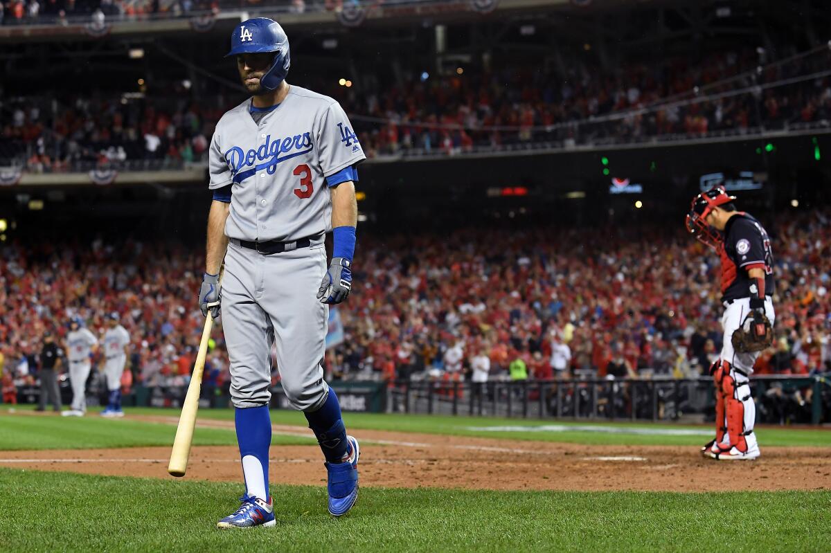 Dodgers left fielder Chris Taylor walks back to the dugout after striking out against Washington.