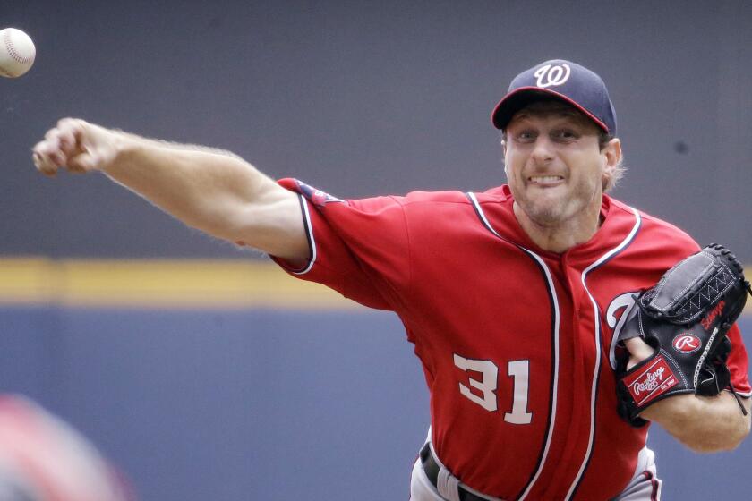 Nationals starter Max Scherzer gave up only a bloop hit and struck out 16 against the Brewers on Sunday.