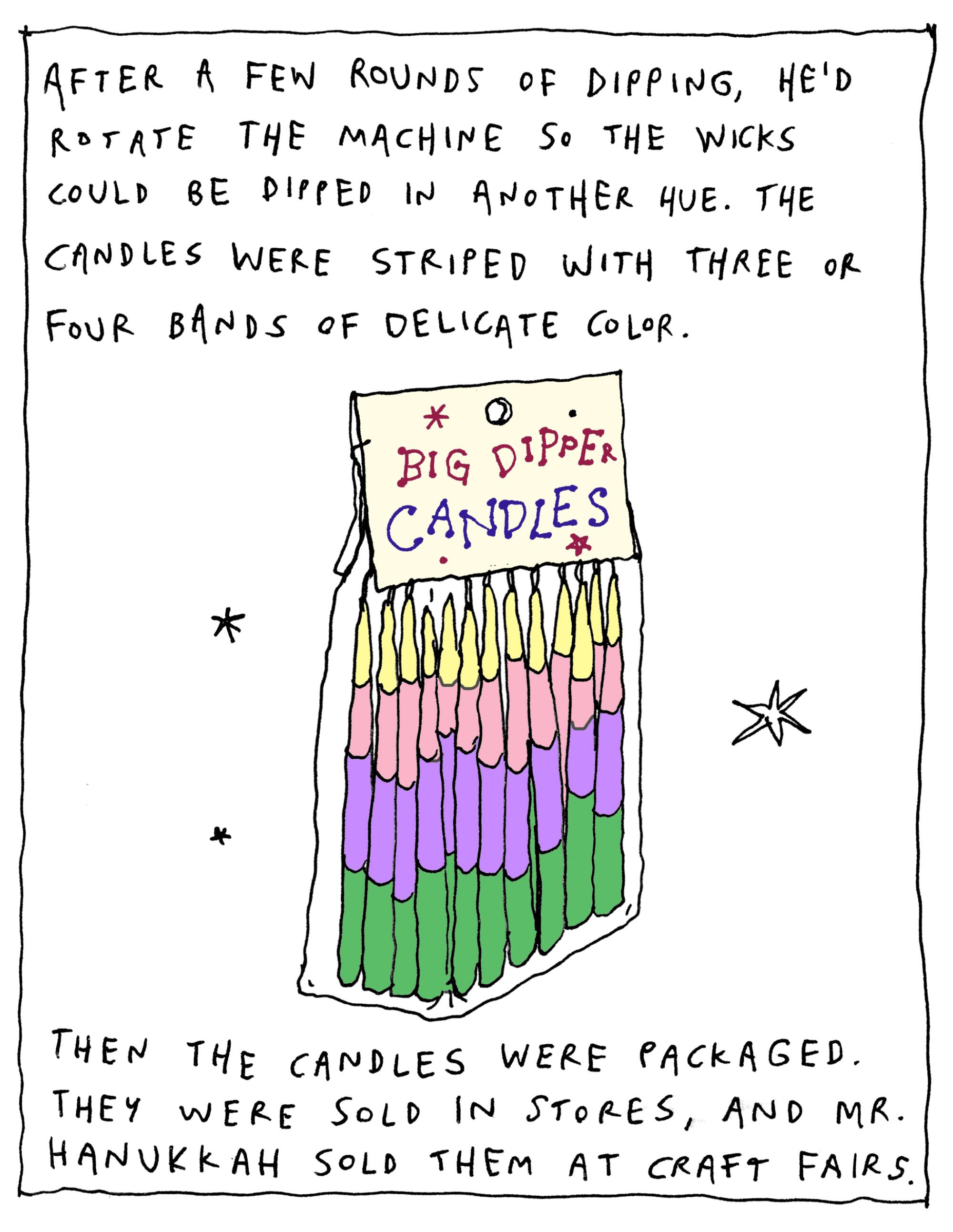 Comic illustration of a bag of multicolored "big dipper candles" in green, purple, pink and yellow.