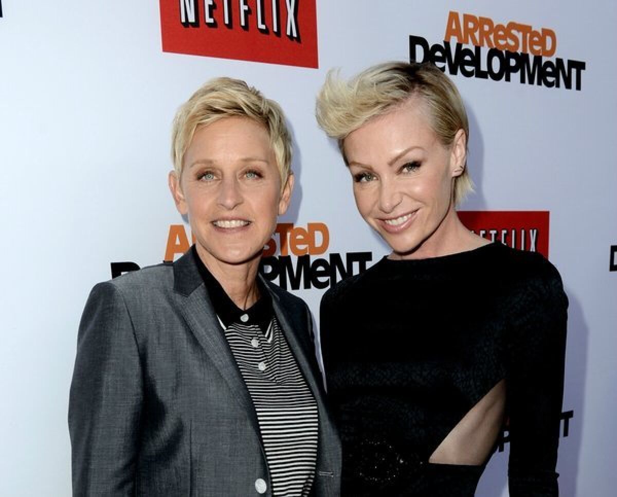 Ellen DeGeneres, left, and actress Portia de Rossi are adding a 13-acre estate in Montecito to their list of Southern California properties. Above, they attend the premiere of Netflix's "Arrested Development" Season 4 at the Chinese Theatre.