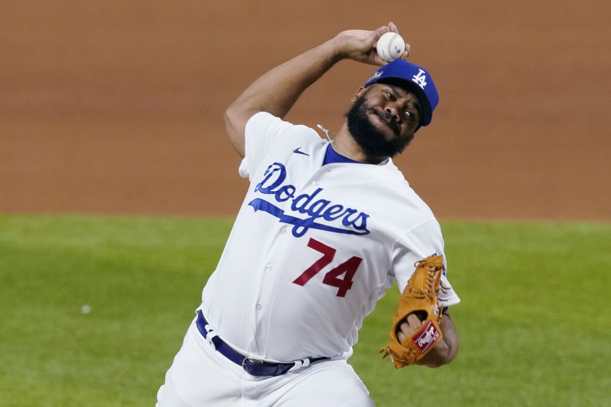 Dodgers pitcher Kenley Jansen delivers against the San Diego Padres during the ninth inning of Game 2.