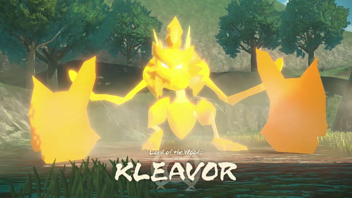 A yellow creature in a scene in nature in "Pokémon Legends: Arceus." 