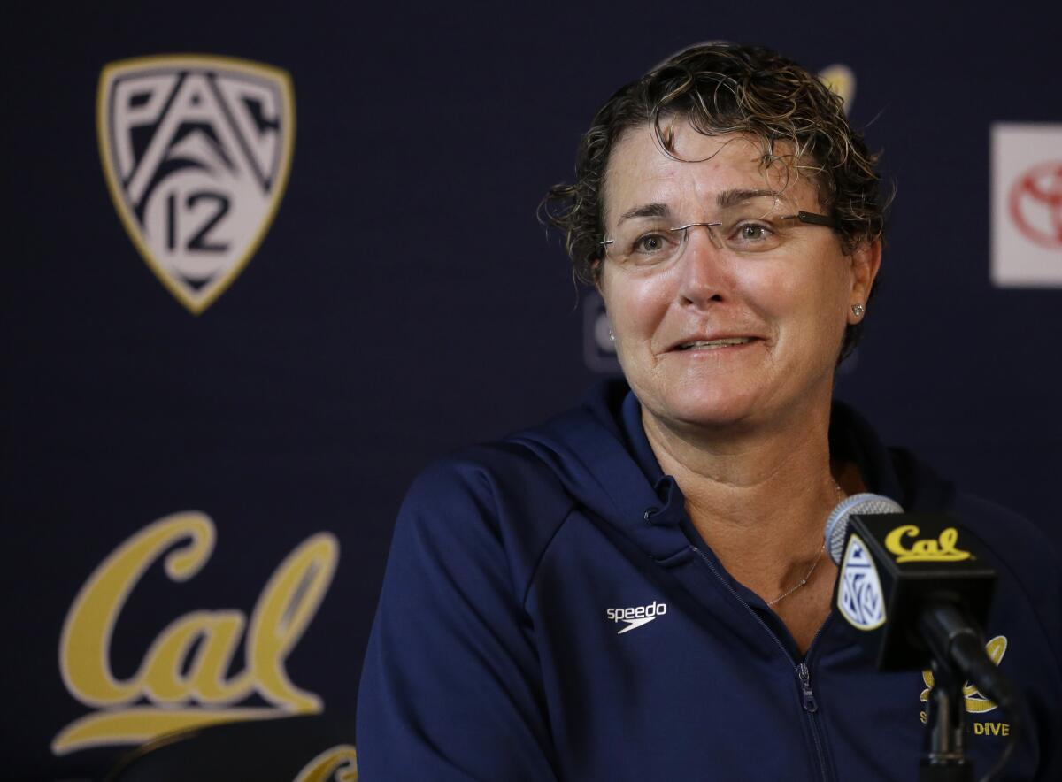 Cal Berkeley women's swimming coach Teri McKeever answers questions during a news conference