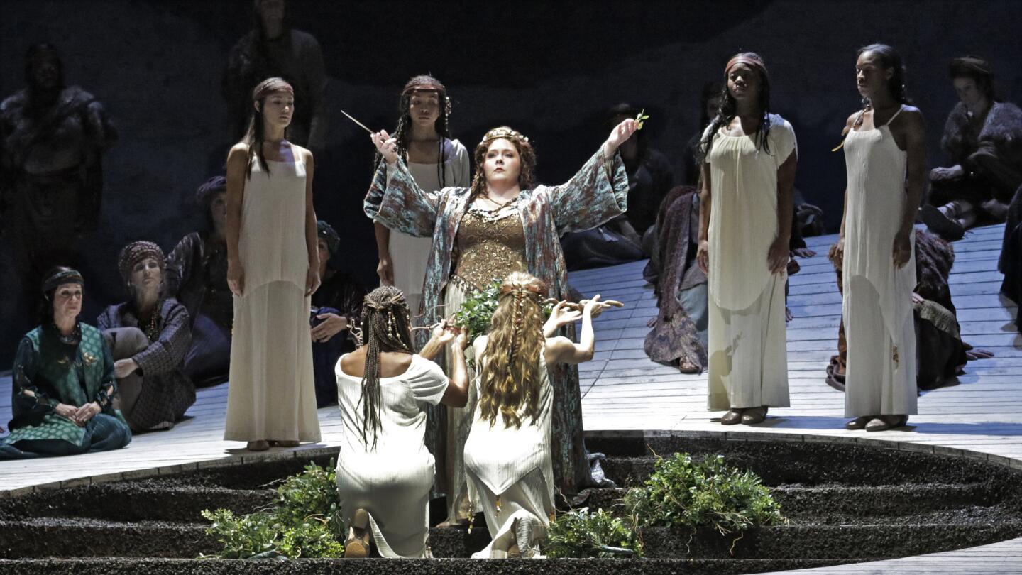 Angela Meade, center, as the title character of Bellini's "Norma," sings at a dress rehearsal. The Times' Mark Swed says Meade "offers a textbook example of how to handle every nuance of Bellini's exquisite melodic writing" for the character.