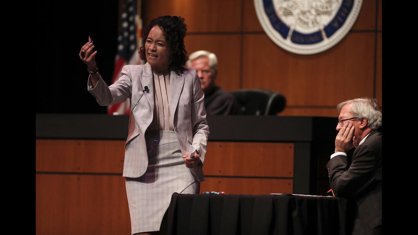 Song Richardson, dean of the UC Irvine School of Law, plays Hamlet's defense lawyer during a mock murder trial of Shakespeare's fictional Danish prince on Wednesday at the Irvine Barclay Theatre.