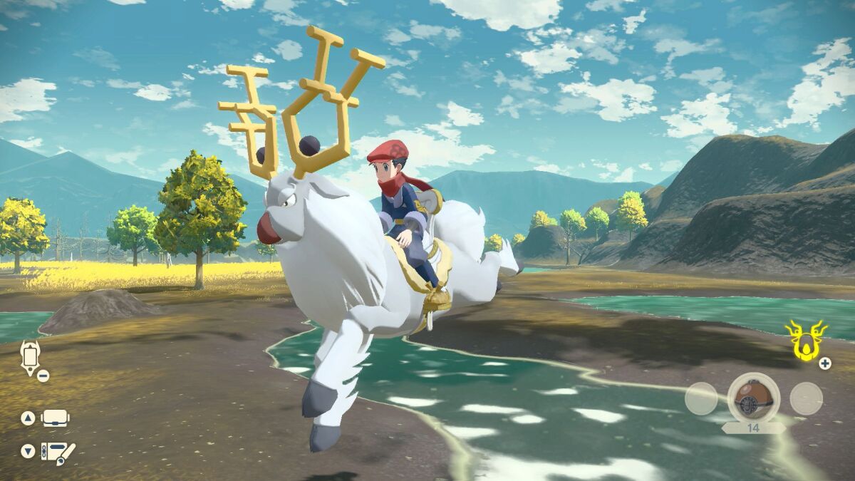A child on an animal in a nature scene in "Pokémon Legends: Arceus" 