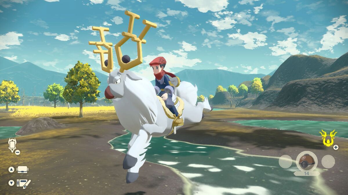 A child on an animal in a nature scene in "Pokémon Legends: Arceus"