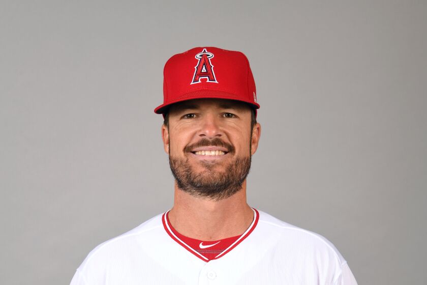 TEMPE, AZ - FEBRUARY 19: Pitching Coach Doug White #74 of the Los Angeles Angels poses during Photo Day on Tuesday, February 19, 2019 at Tempe Diablo Stadium in Tempe, Arizona. (Photo by Robert Binder/MLB via Getty Images)