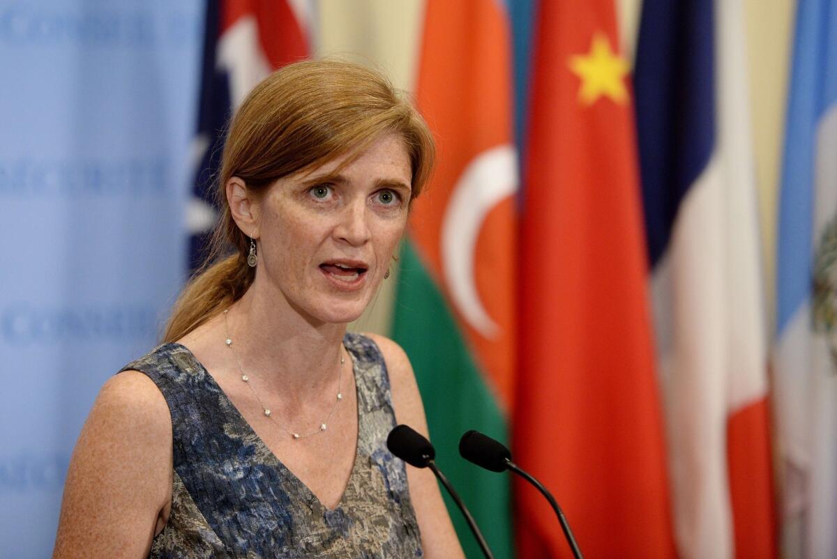 Samantha Power, U.S. ambassador to the United Nations, speaks to reporters on evidence collected by U.N. investigators from the scene of the Aug. 21 chemical weapons attacks near Damascus.