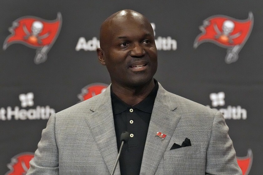 New Tampa Bay Buccaneers coach Todd Bowles speaks to reporters during a news conference in March.