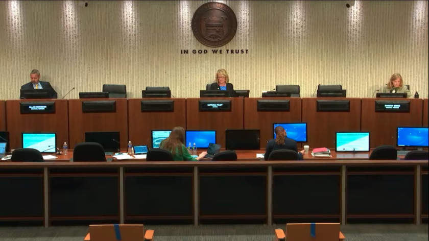 Sitting at least six feet apart, members of the Costa Mesa City Council meet Tuesday night to discuss the city's response to the coronavirus outbreak. Four council members participated remotely.