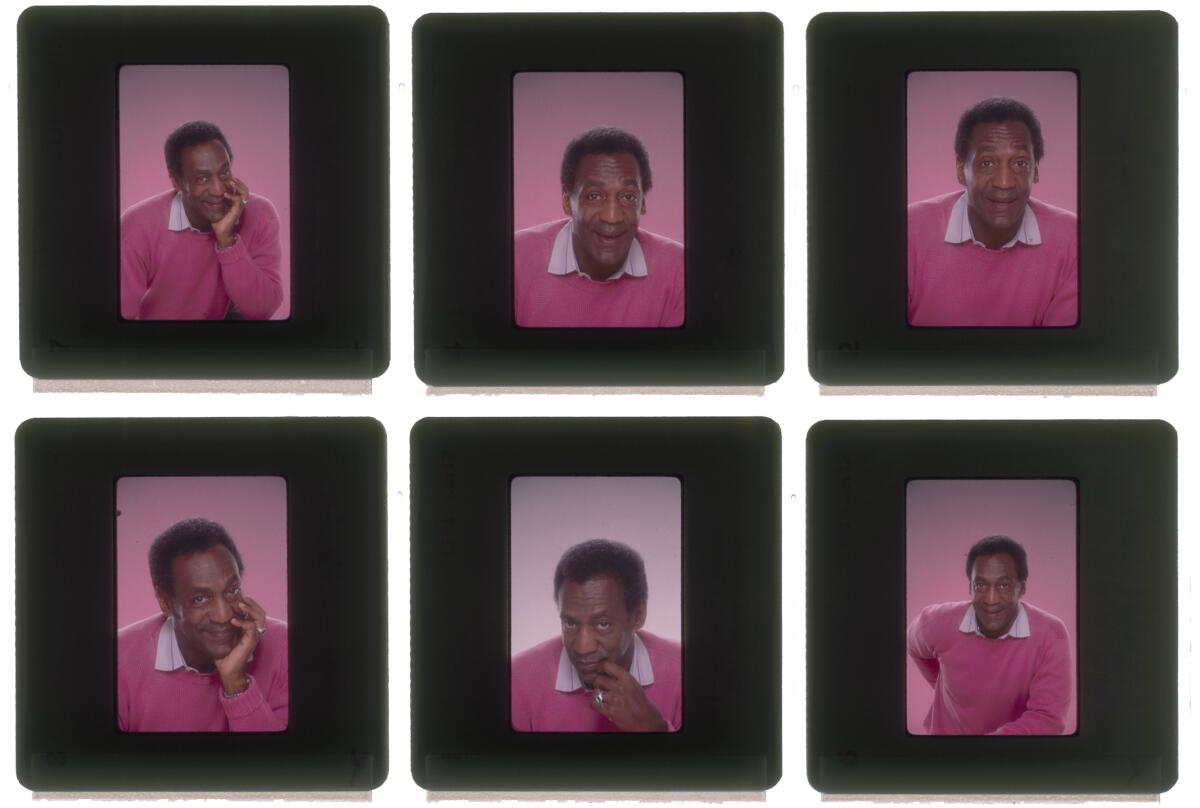 A panel of 6 photographs of Bill Cosby in a pink sweater making different faces