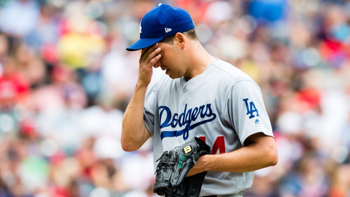 Dodgers starter Rich Hill leaves the game during the fifth inning against Cleveland on June 15.