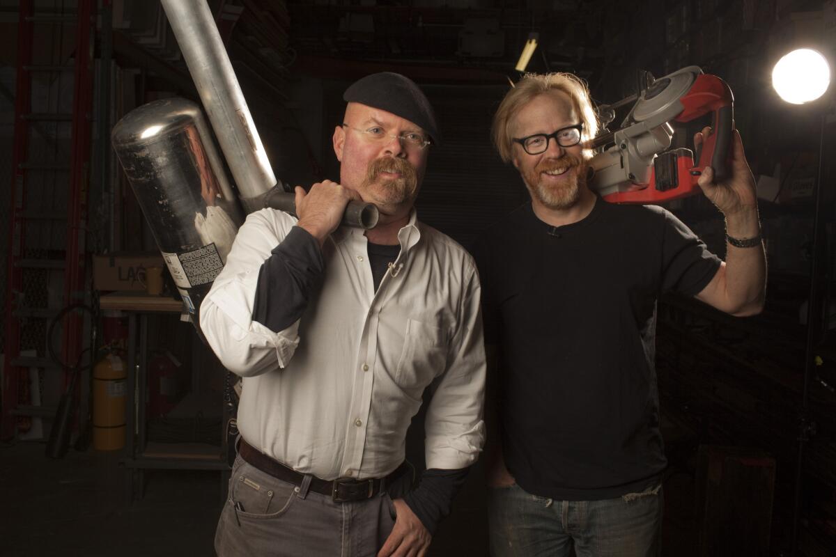 Jamie Hyneman, left, and Adam Savage of "Mythbusters," at their San Francisco workshop in 2009. The show's final season, its 14th, will air in 2016.