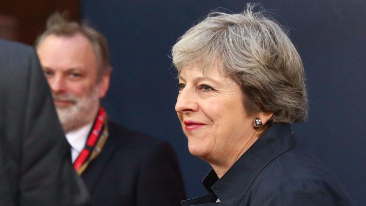 Britain Prime Minister Theresa May arrives on the second day of a summit of European Union leaders in Brussels on Friday.