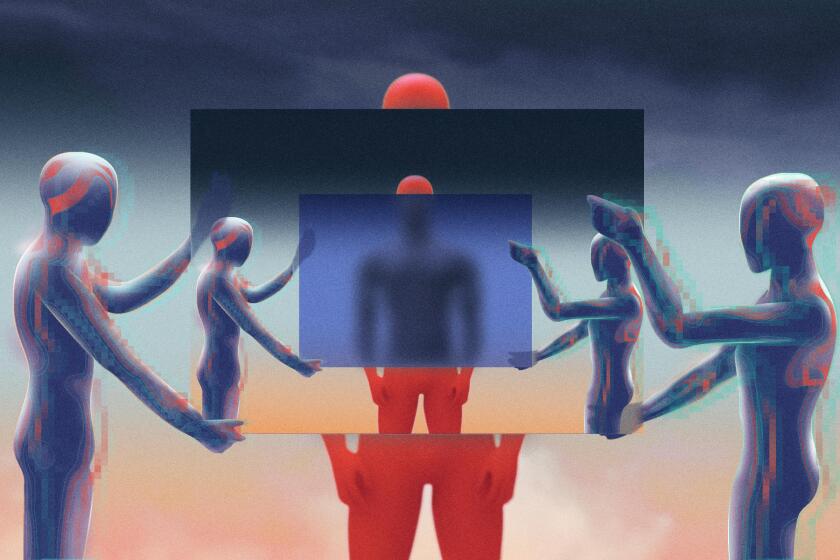 Two computer generated figures hold up a frame showing two more figures holding a frame obscuring a large red blurry figure