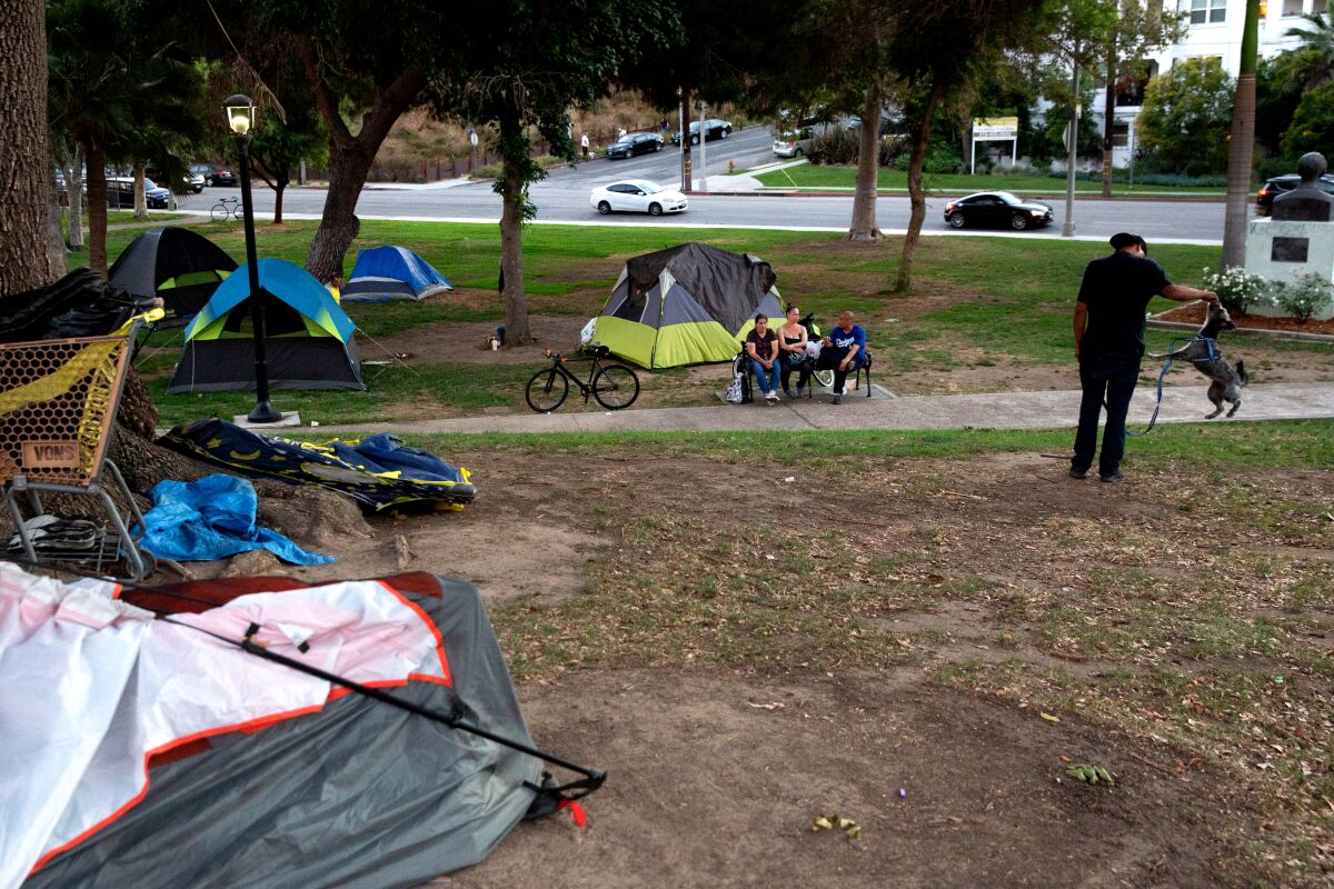 A homeless encampment at Echo Park Lake