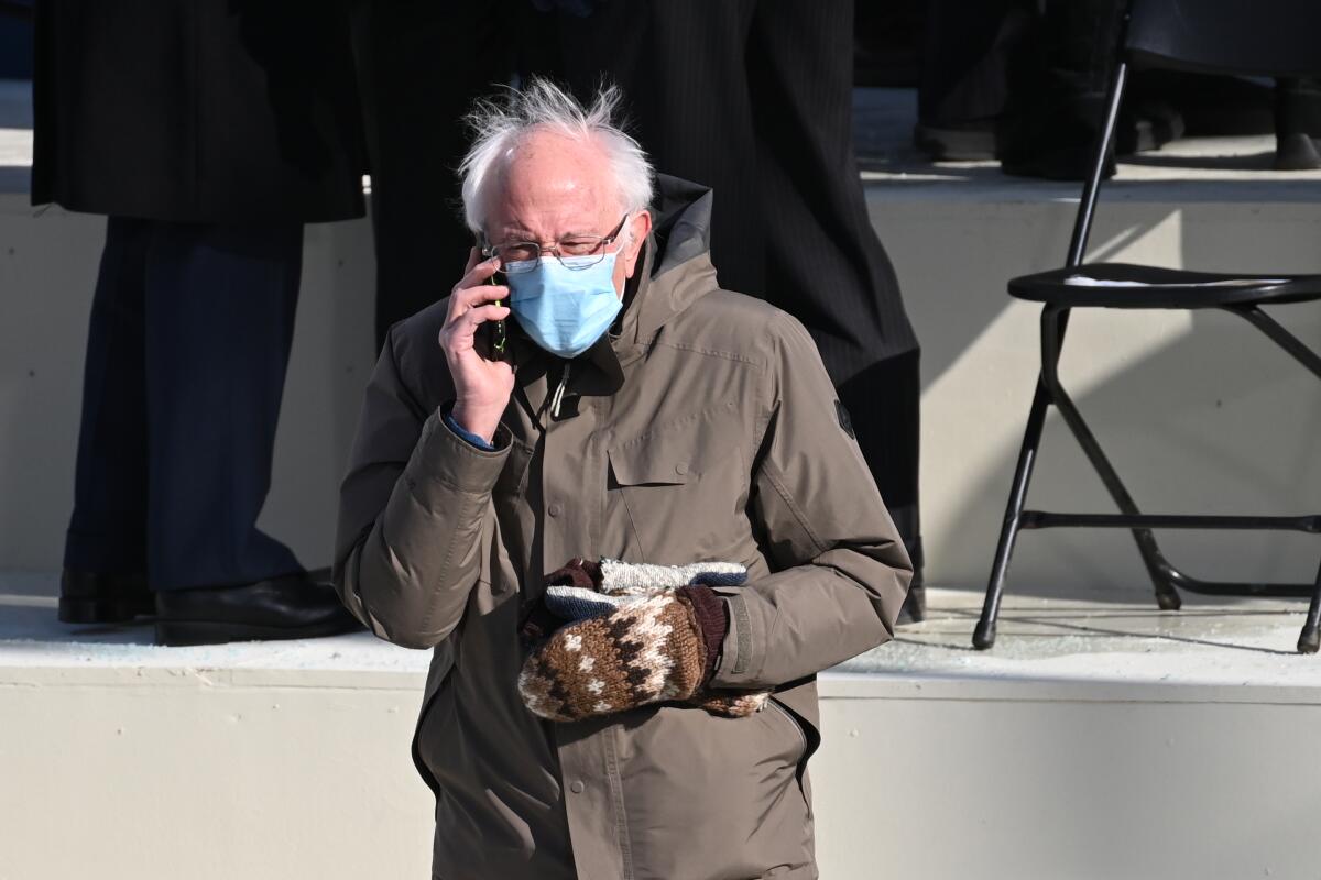 Vermont Senator Bernie Sanders talks on the phone before the inauguration of Joe Biden as the 46th U.S. President.