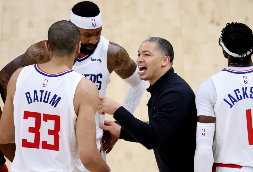 Clippers coach Tyronn Lue speaks with his players during a timeout in Game 5 of the Western Conference finals.