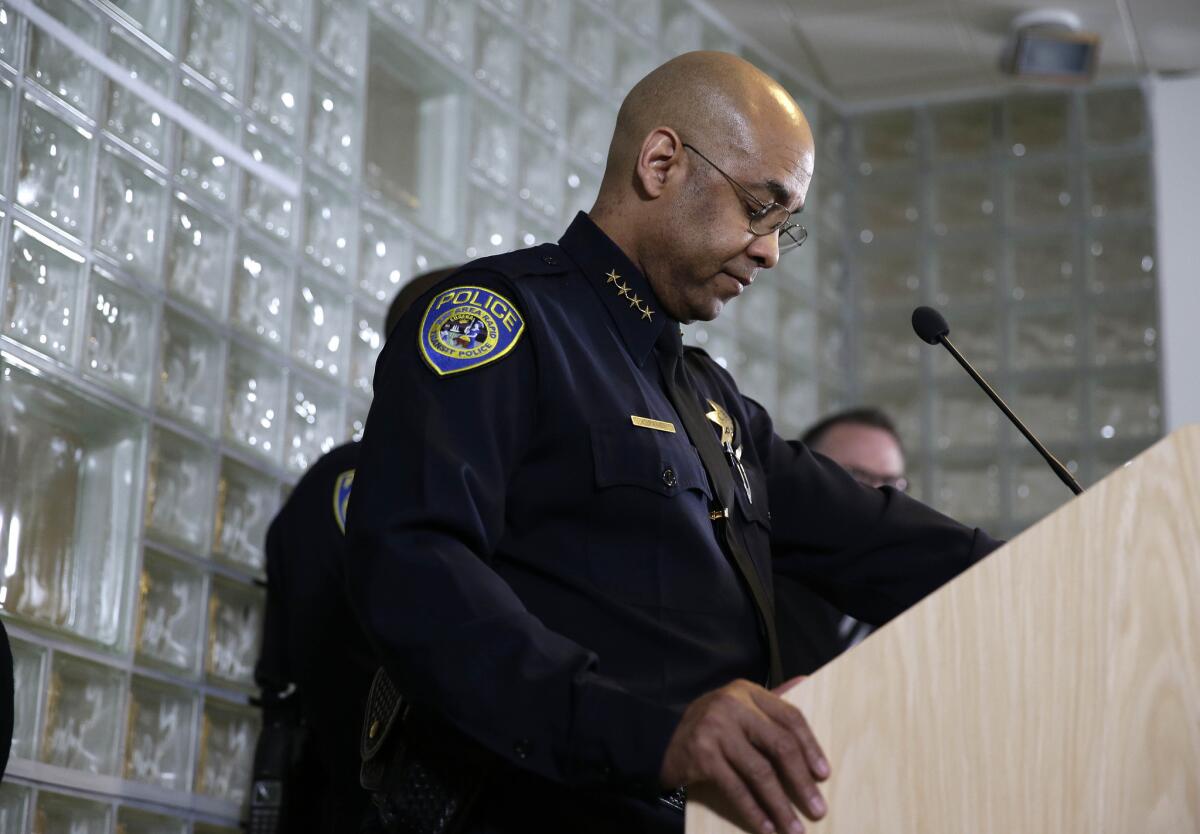 Bay Area Rapid Transit Police Chief Kenton Rainey appears at a news conference about the shooting of BART Det. Sgt. Tommy Smith, who was killed Tuesday in an accidental shooting by another officer while on duty.