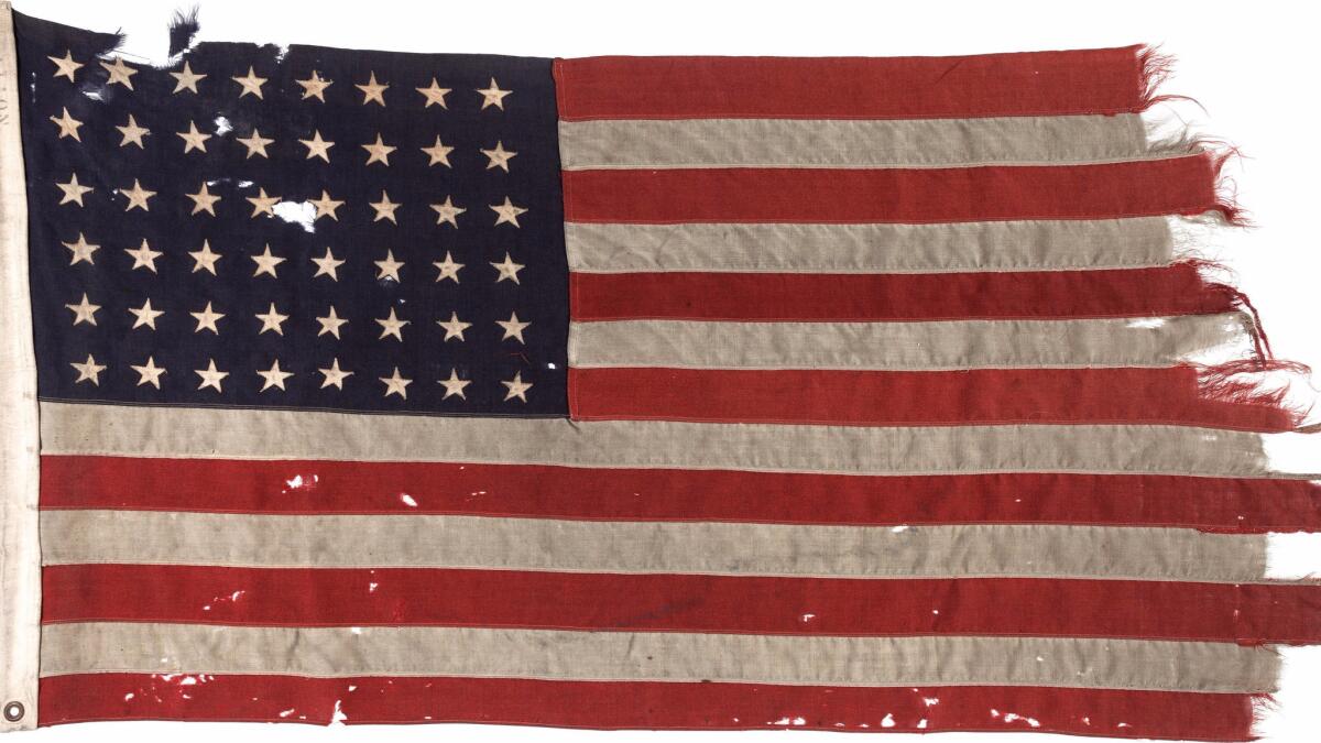 The 48-star U.S. flag flown on the stern of the boat that led the first American troops onto Utah Beach on D-day.