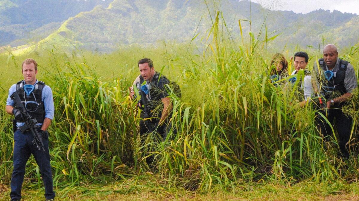 Daniel Dae Kim and Grace Park have quit the CBS show "Hawaii Five-0" in a dispute over claims they were paid less than their white counterparts. Pictured are Scott Caan, left, Alex O'Loughlin, Park, Kim and Chi McBride.