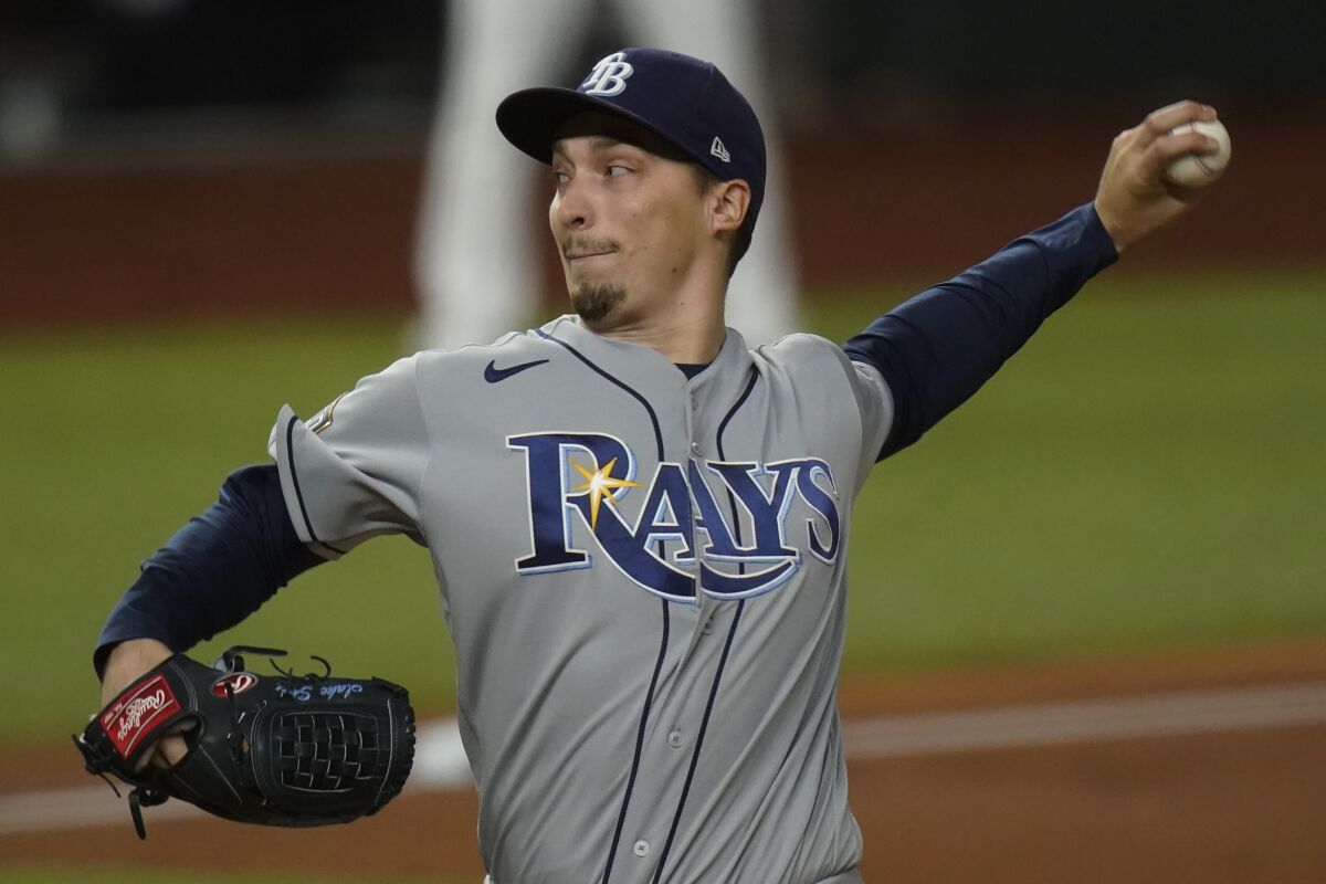 Tampa Bay Rays starting pitcher Blake Snell throws against the Dodgers in Game 6 of the World Series on Oct. 27, 2020.