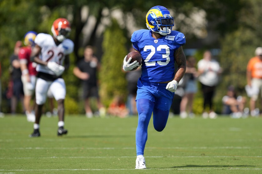 Rams running back Kyren Williams carries the ball during a joint practice with the Bengals on Aug. 24, 2022, in Cincinnati.