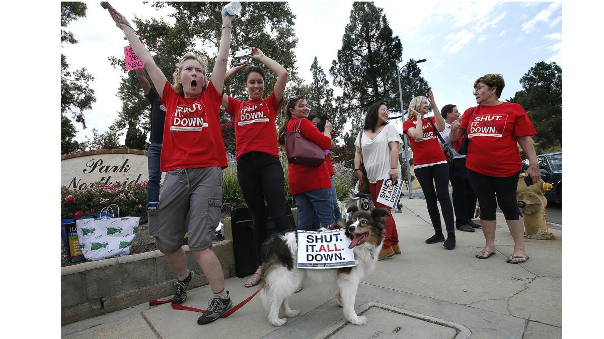 Vikki Salmela, left, a 13 year resident of Porter Ranch, is joined by her dog Joey and other protesters at the intersection of Tampa Ave. and Rinaldi St. in Porter Ranch.
