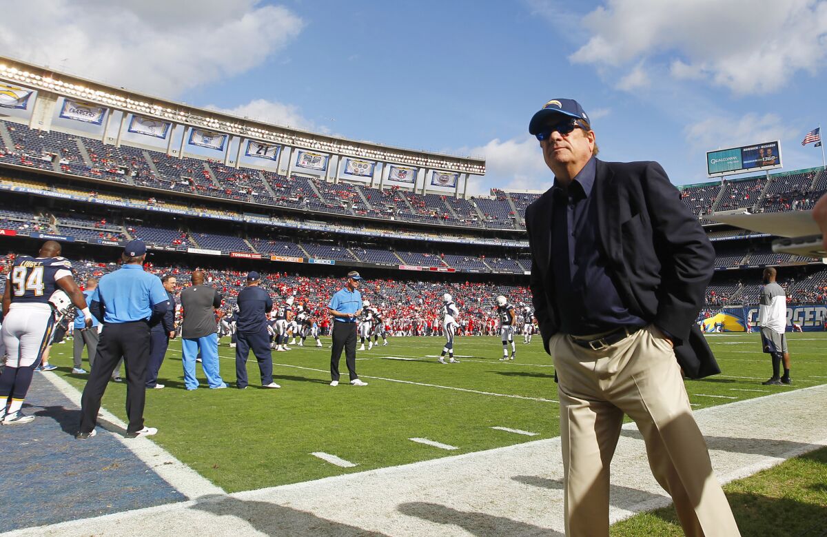 San Diego Charger Chairman Dean Spanos looks on before 2016 season finale against the Kansas City Chiefs at Qualcomm Stadium on Sunday, Jan. 1, 2017.