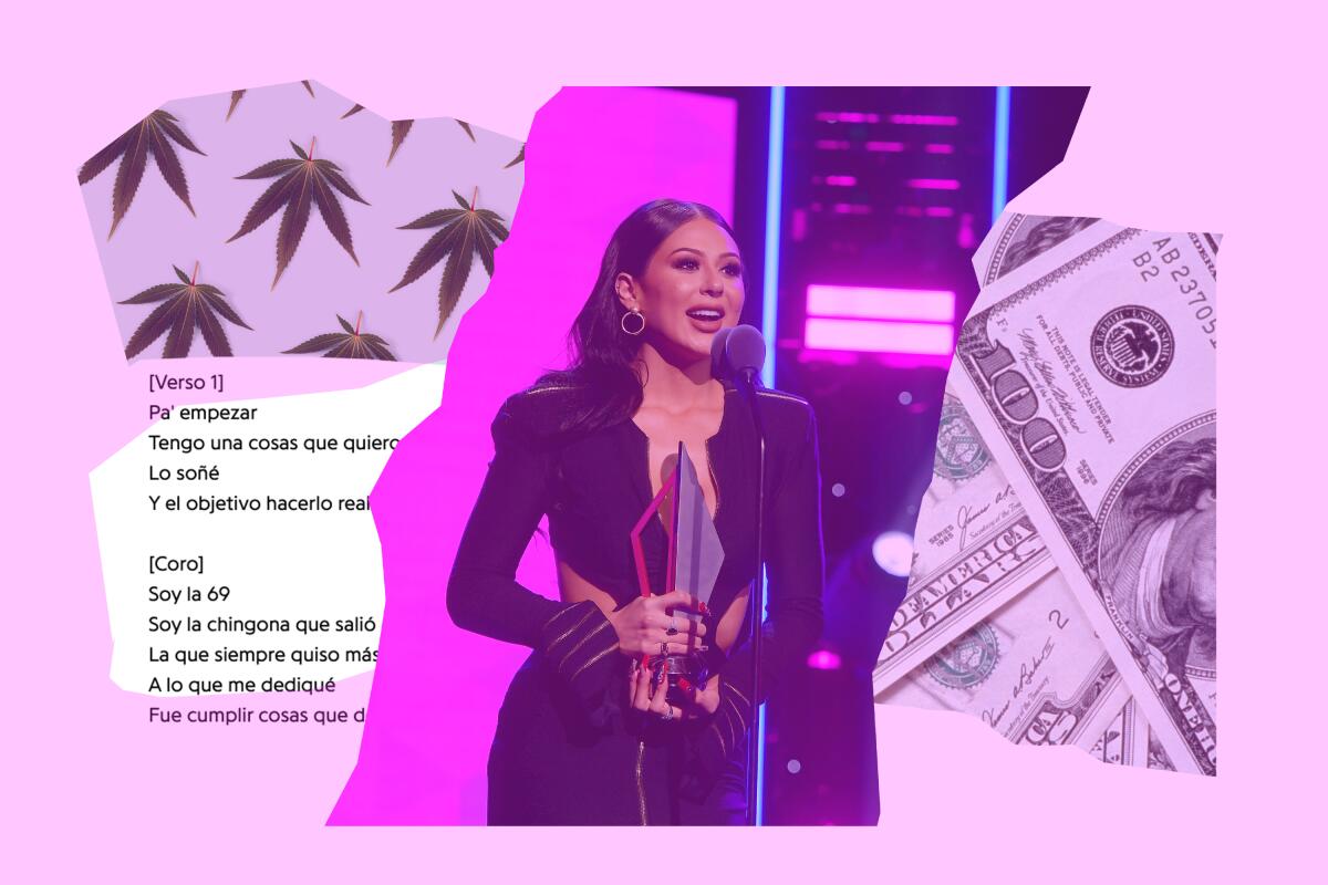 Photo illustration showing Jennifer Ruiz, song lyrics, cash, and marijuana leaves