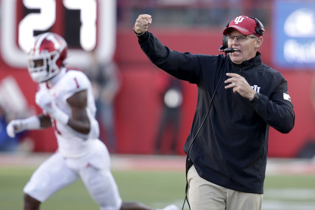 Indiana coach Tom Allen yells instructions during a game