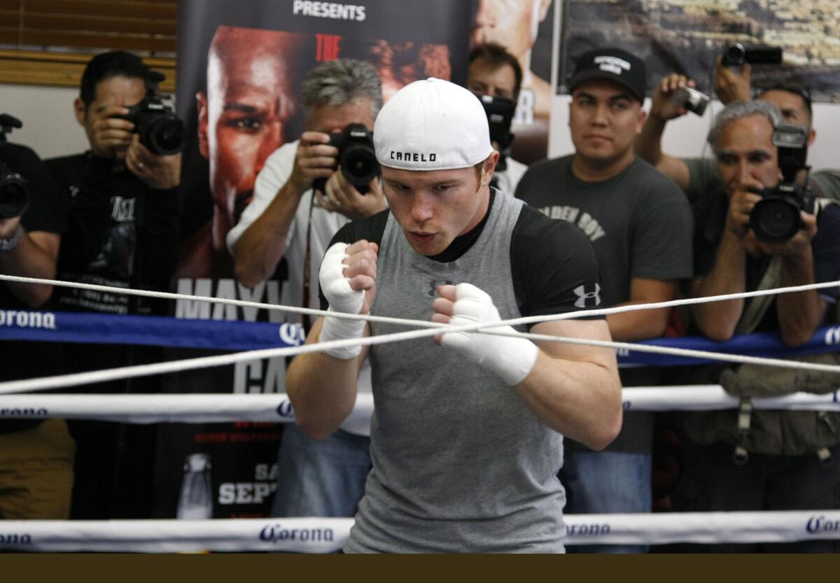 Saul "Canelo" Alvarez goes through a workout at a media event on Aug. 28, 2013, in Big Bear, Calif.