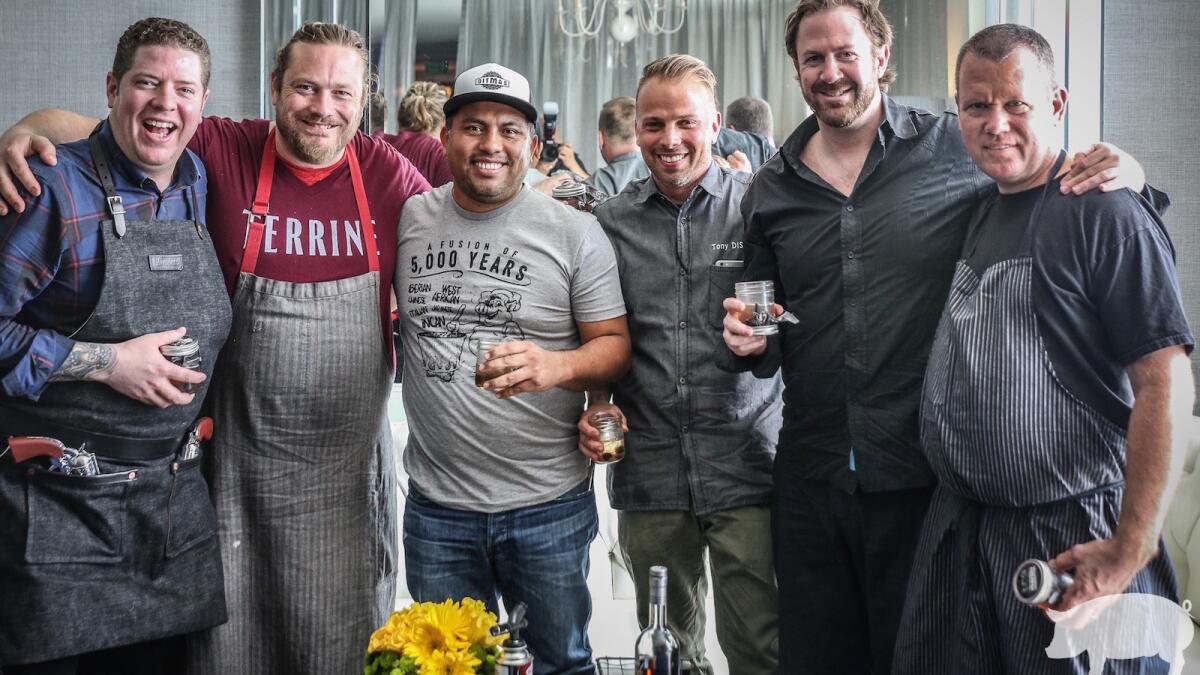 Cochon 555 Los Angeles 2015 competitors Steven Fretz, Kris Morningstar, Ricardo Zarate, Tony DiSalvo, founder/organizer Brady Lowe and Walter Manzke.