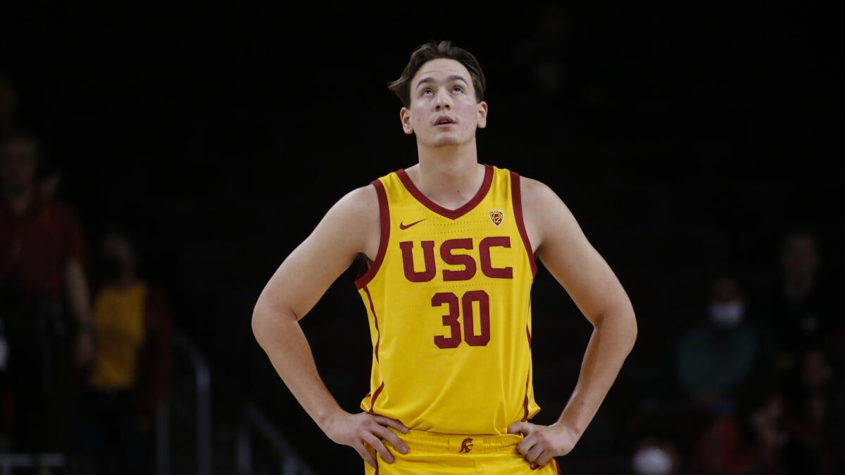 USC forward Harrison Hornery looks up at the scoreboard during a win over Pacific in February 2022.