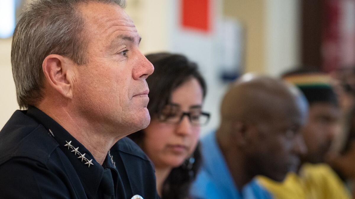 New LAPD Chief Michel Moore appears at a community meeting in July.