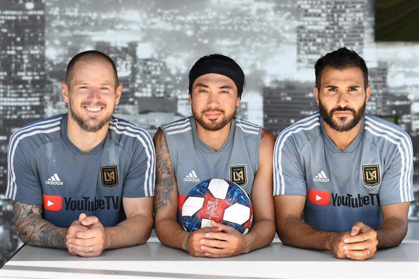 LOS ANGELES, CALIFORNIA AUGUST 15, 2019-From left, LAFC players Jordan Harvey, Lee Nguyen and Steven Beitashour sport beards until thwy win their first playoff game. (Wally Skalij/Los Angeles Times)