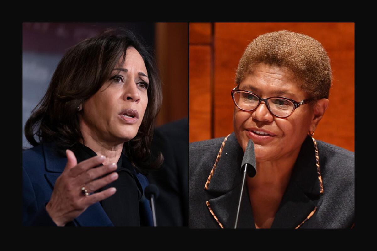 Sen. Kamala Harris (D-Calif.), left,  and Rep. Karen Bass (D-Los Angeles).