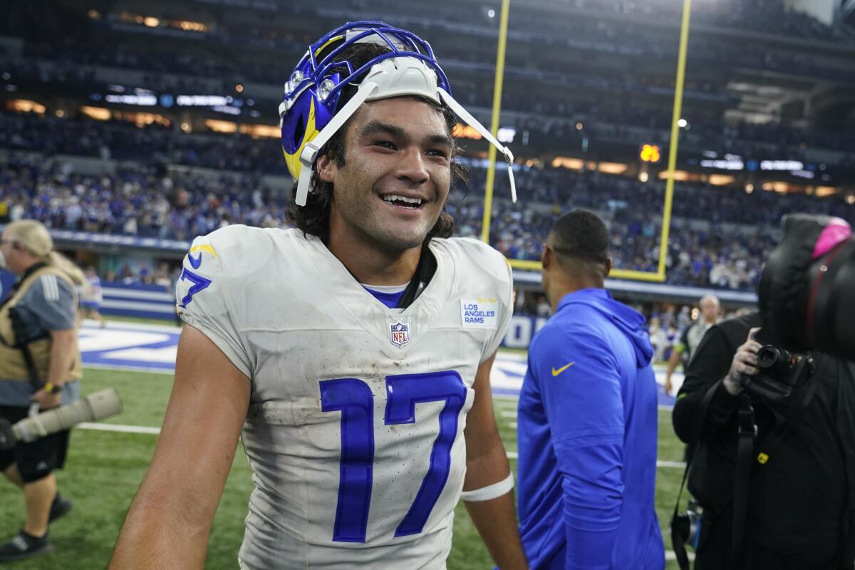 Rams receiver Puka Nacua smiles after a victory over the Colts. 