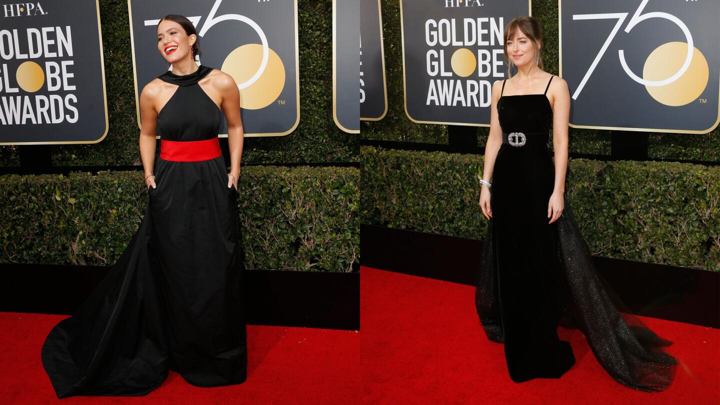 Mandy Moore, left, and Dakota Johnson were on trend twice over by pairing bare shoulders with bold belt choicces.