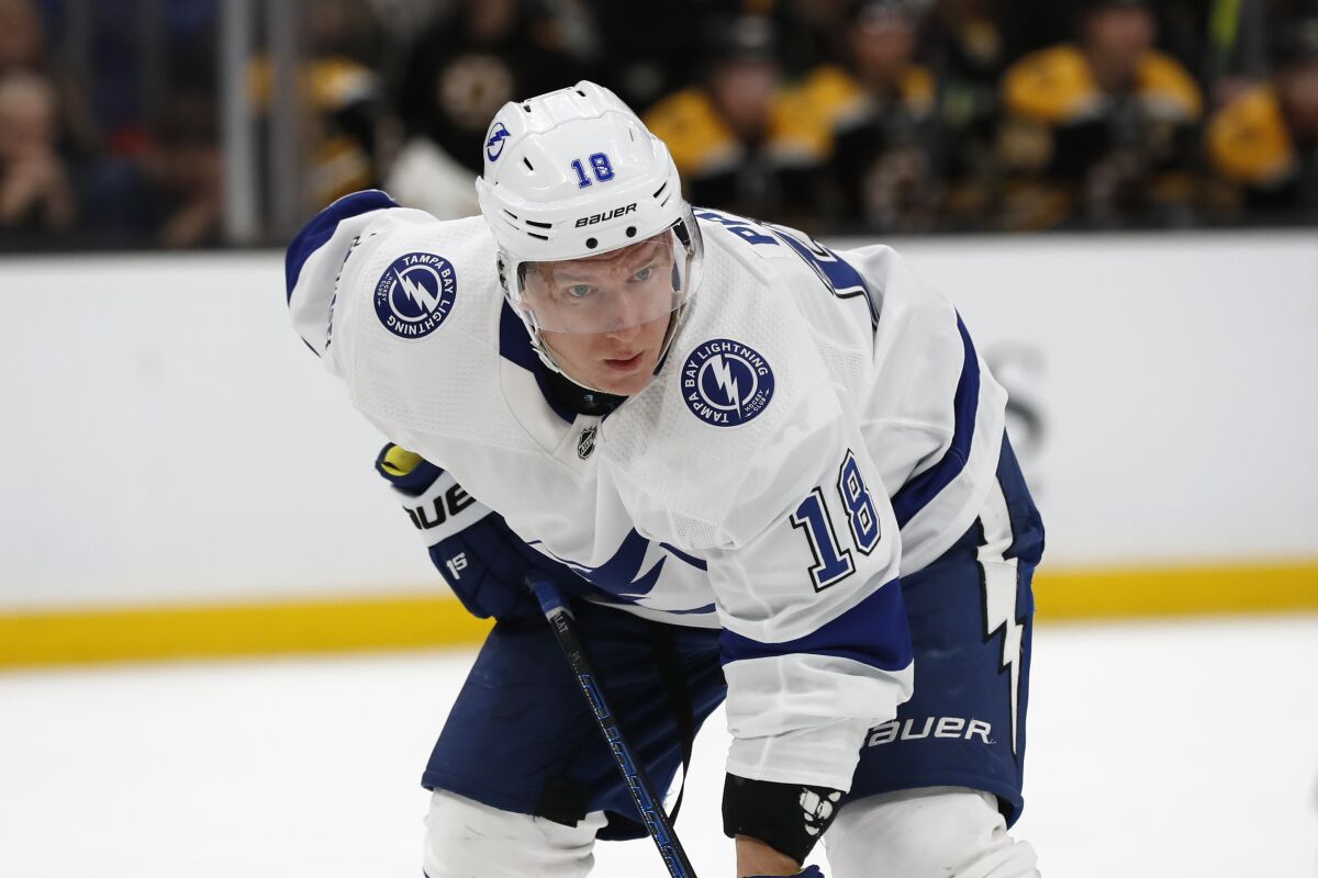Tampa Bay's Ondrej Palat gets ready for a faceoff against Boston.